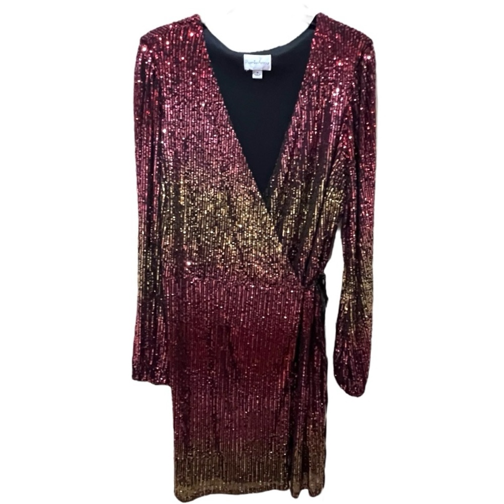 Premier Amour wrap sequins dress ombre gold red (burgandy) holiday party 16 NWT - Picture 3 of 11